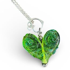 Green Lamp Work Glass Heart Pendant Choker Necklace 925 Sterling Silver